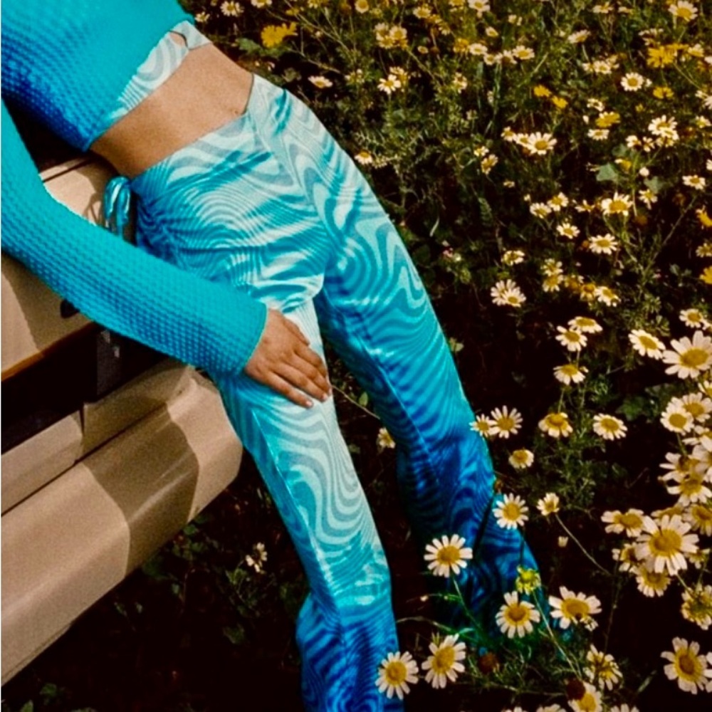 Zara Satin Silky Wavy Groovy Y2K Blue and Purple High Waist Flare Pants